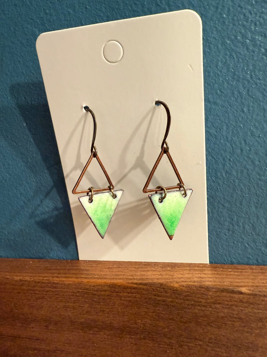 Green Triangle Dangle Enamel Earrings