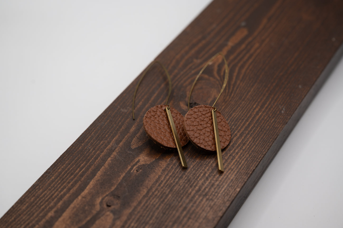 Brown Leather Circle + Gold Bar Earrings