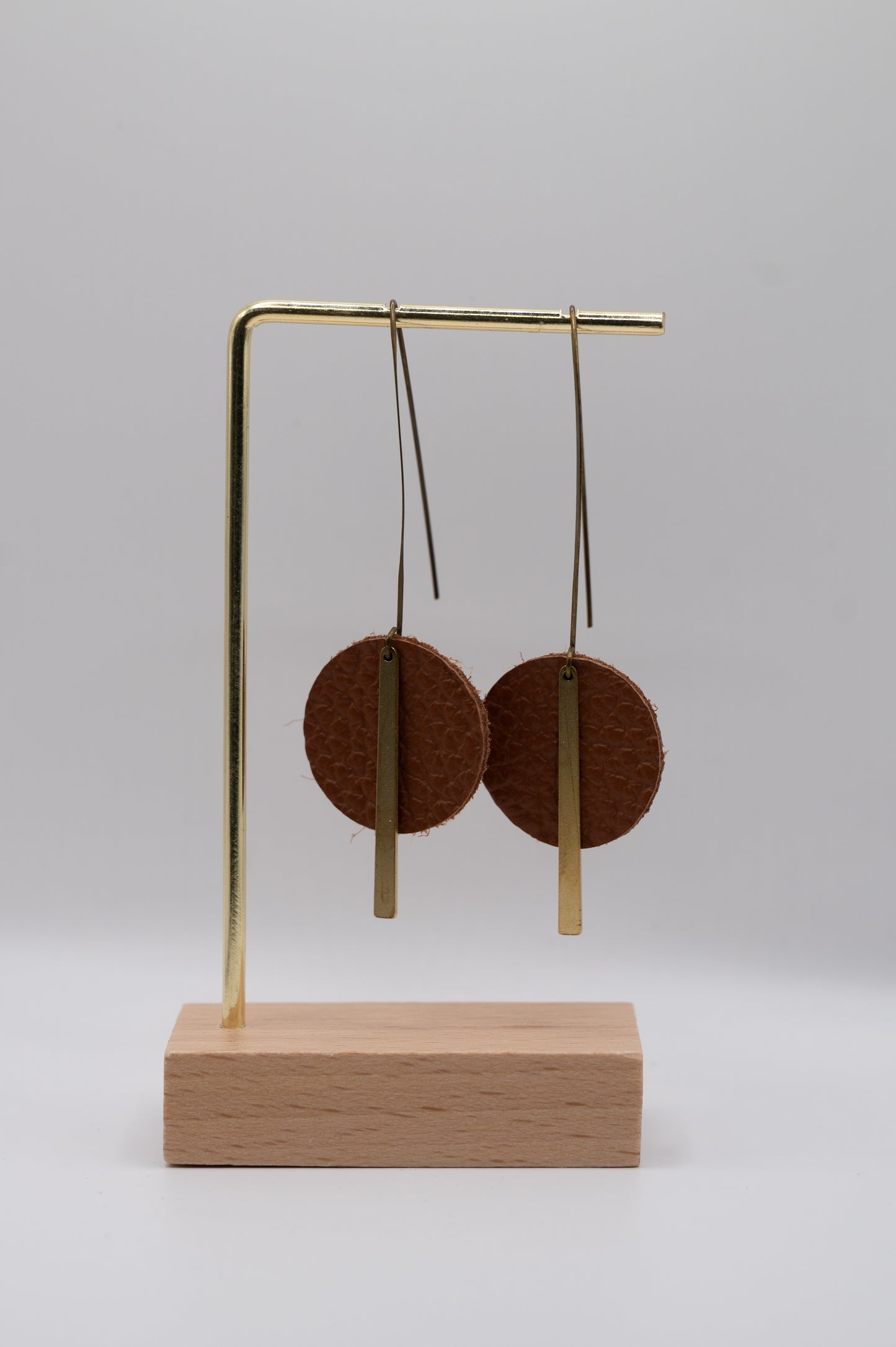Brown Leather Circle + Gold Bar Earrings