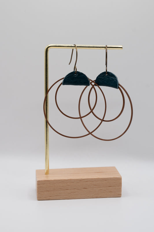 Teal Leather Double Ring Earrings